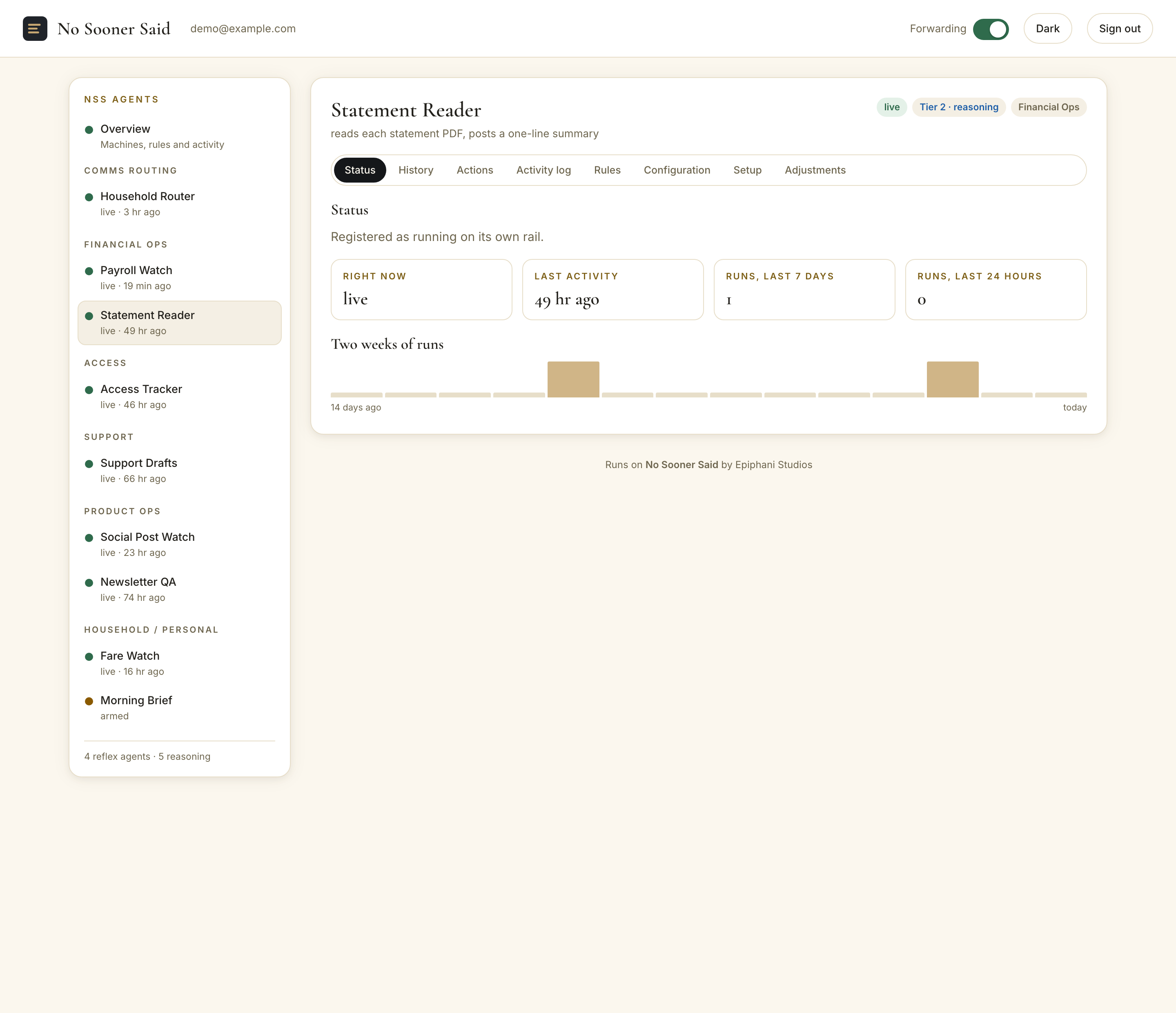 An agent's own page in the console: Statement Reader, live, Tier 2 reasoning, Financial Ops, with the eight panes across the top (Status, History, Actions, Activity log, Rules, Configuration, Setup, Adjustments), status facts, and a two-week run chart
